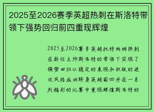 2025至2026赛季英超热刺在斯洛特带领下强势回归前四重现辉煌